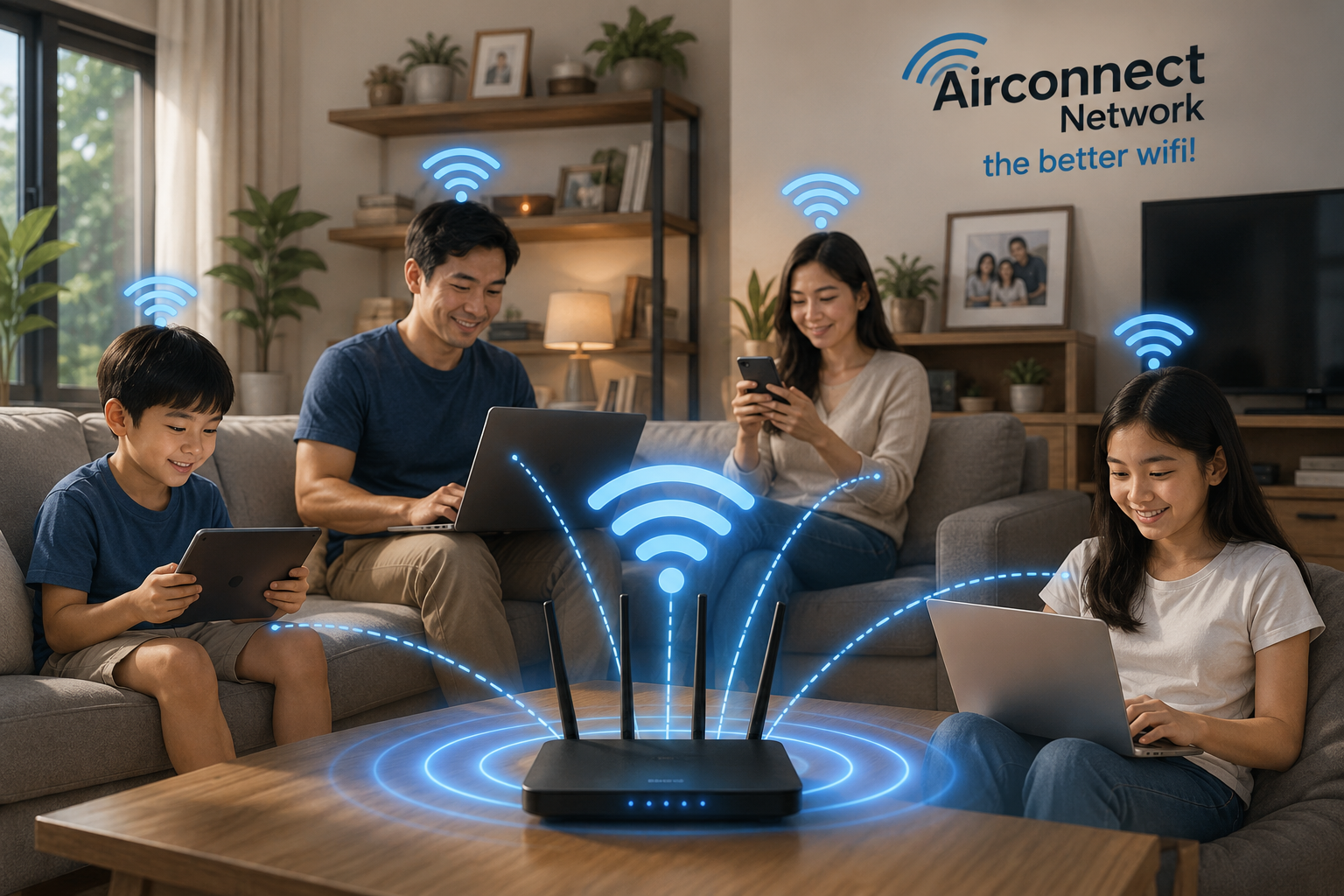 Family using Airconnect fiber internet at home